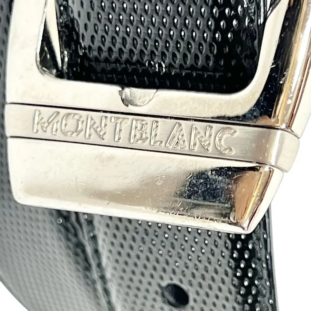Montblanc Men Textured Black Leather Belt Silver Square Buckle 46